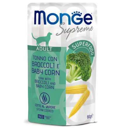 Купить monge supreme adult cat влажный корм для взрослых кошек с тунцом, брокколи и мини-кукурузой (пауч)