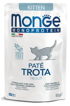 Купить monge cat monoprotein влажный корм для котят с форелью (пауч)