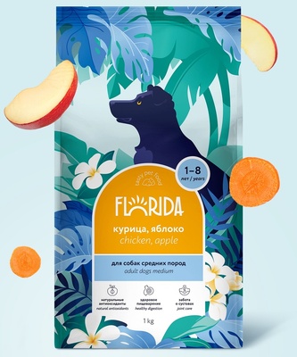 Купить florida сухой корм для взрослых собак средних пород с курицей и яблоком
