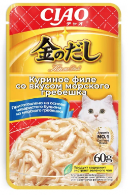 INABA Ciao Kinnodashi влажный корм для взрослых кошек Куриное филе/Морской гребешок желе (пауч)