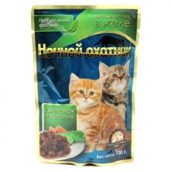 Купить Ночной охотник влажный корм для котят кусочки в желе цыпленок и кролик (пауч)