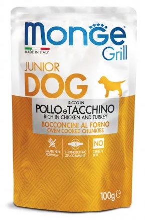 Купить monge dog grill puppy & junior влажный корм для щенков всех пород с курицей и индейкой (пауч)