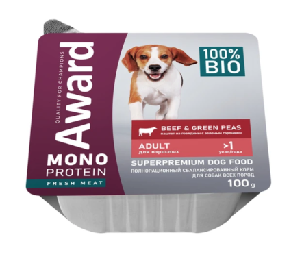 Купить award monoprotein влажный корм для взрослых собак паштет из говядины с зеленым горошком (ламистер)