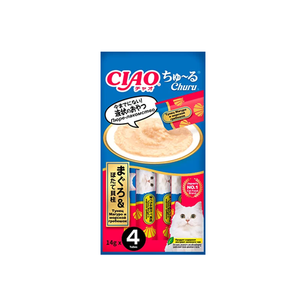 Купить inaba ciao churu лакомство-пюре для взрослых кошек с тунцом Магуро и морским гребешком