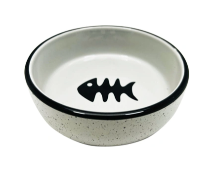 Купить №1 миска для кошек серая, керамическая, с черной рыбкой