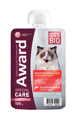 Купить award special care sensitive skin&coat влажный корм для взрослых кошек для здоровья кожи и шерсти «мясное пюре» из курицы с лососем (пауч)