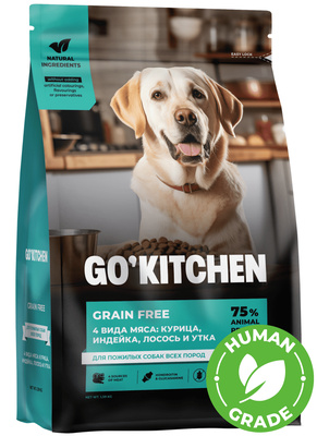Купить go’kitchen senior 4 meat recipe сухой беззерновой корм для пожилых собак всех пород с курицей, индейкой, лососем и уткой