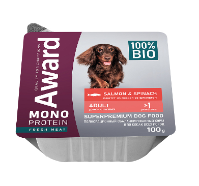 Award Monoprotein влажный корм для взрослых собак паштет из лосося со шпинатом (ламистер)
