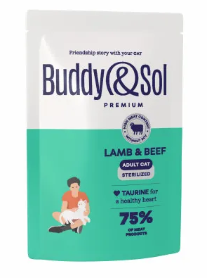 Купить buddy&sol premium sterilised влажный корм для взрослых стерилизованных кошек с ягненком и телятиной в соусе (пауч)