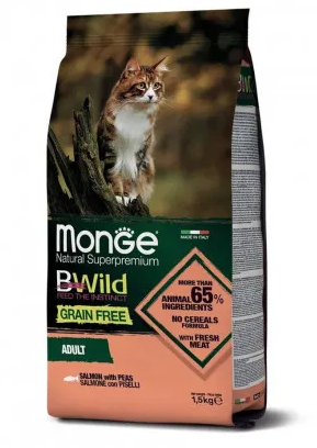 Купить monge cat bwild grain free сухой беззерновой корм для взрослых кошек с лососем