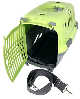 СКИДКА ZOOexpress переноска "Турне" для собак и кошек с пластиковой дверцей, ковриком и ремнем, зеленая