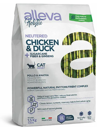 Купить alleva holistic cat neutered сухой корм для кастрированных котов и стерилизованных кошек с курицей и уткой, волокнами сахарного тростника и женьшенем