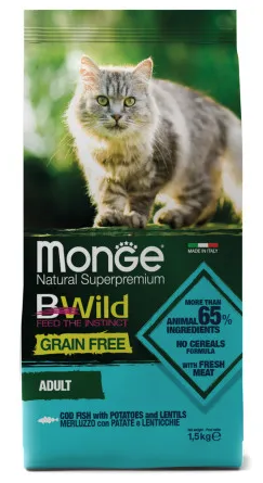 Купить monge cat bwild grain free сухой беззерновой корм для взрослых кошек с треской