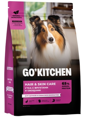 Купить go'kitchen hair&skin care сухой корм для щенков и собак всех возрастов со свежей уткой, фруктами и овощами для кожи и шерсти