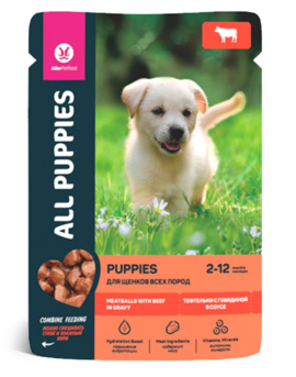 Купить all dogs корм консервированный для щенков тефтельки с говядиной в соусе, пауч
