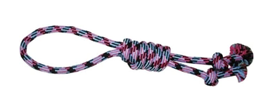 №1 игрушка для собак Грейфер плетеный с 2-мя узлами и ручкой, голубо-розово-черный 