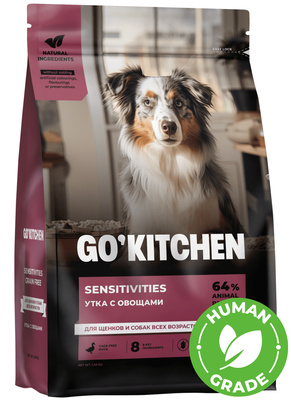 Купить go’kitchen sensitivities сухой беззерновой корм для щенков и собак всех возрастов с уткой и овощами с чувствительным пищеварением
