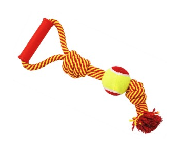 Купить №1 игрушка для собак Грейфер веревка с 2-мя узлами, мячом и ручкой, красно-желтый