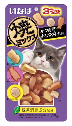 Купить inaba yakimiksu Лакомство для кошек Снеки со вкусом кацуобуси, куриного бульона и кальмара
