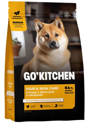 Купить go'kitchen hair&skin care сухой корм для щенков и собак всех возрастов со свежей курицей, фруктами и овощами для кожи и шерсти