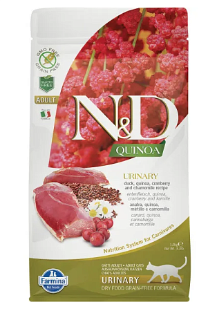 Купить farmina n&d quinoa cat grain free urinary duck сухой беззерновой корм для взрослых кошек для профилактики МКБ с уткой и киноа