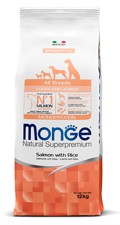 Купить monge dog speciality line monoprotein puppy&junior сухой корм для щенков всех пород из лосося с рисом