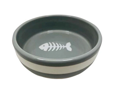 №1 миска для кошек серая, керамическая, с белой рыбкой