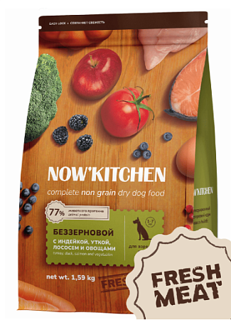 Купить now’ kitchen grain free сухой беззерновой корм для взрослых собак всех пород с индейкой, уткой, лососем и овощами