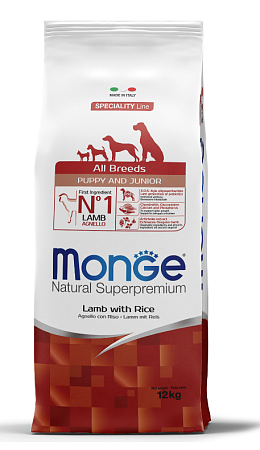 Купить monge dog speciality line puppy&junior сухой корм для щенков всех пород из ягненка с рисом