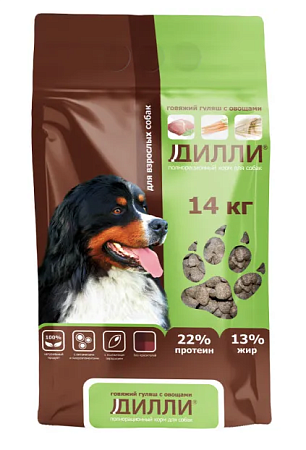 Купить Дилли сухой корм для взрослых собак всех пород говяжий гуляш с овощами