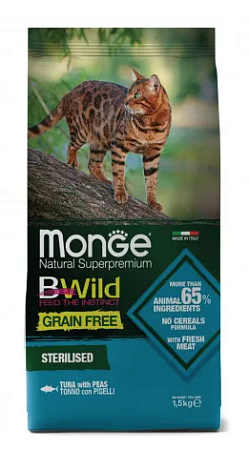 Купить monge cat bwild grain free сухой беззерновой корм для стерилизованных кошек с тунцом