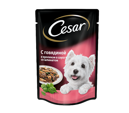 Купить cesar влажный корм из говядины с кроликом в соусе со шпинатом (пауч)