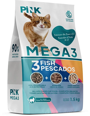 Pink Mega 3 сухой корм для кошек, с тремя видами рыбы, 3 гранулы