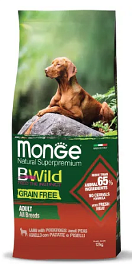 Monge Dog BWild Grain Free сухой беззерновой корм для взрослых собак всех пород с мясом ягненка, картофелем и горохом