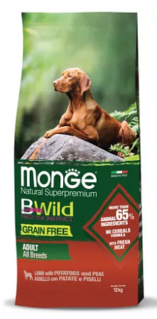 Купить monge dog bwild grain free сухой беззерновой корм для взрослых собак всех пород с мясом ягненка, картофелем и горохом