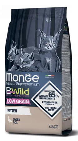 Купить monge cat bwild low grain сухой низкозерновой корм для котят с мясом гуся