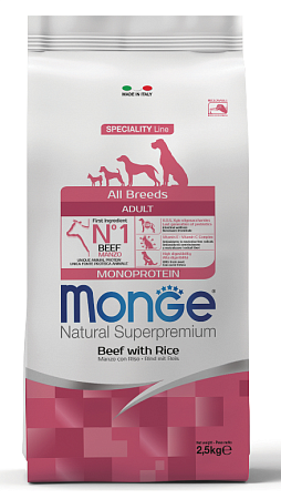 Купить monge dog speciality line monoprotein all breeds beef and rice сухой корм для взрослых собак всех пород из говядины с рисом
