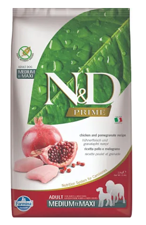 Купить farmina n&d prime dog chicken & pomegranate adult medium & maxi сухой беззерновой корм для взрослых собак средних и крупных пород с курицей и гранатом