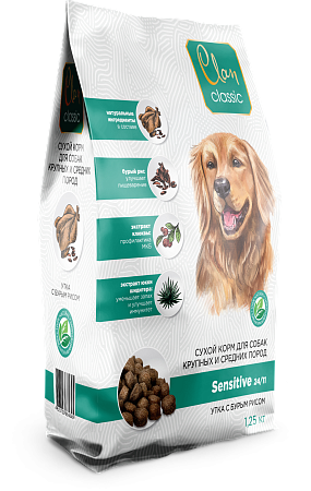 Купить clan classic sensitive-24/11 сухой корм для взрослых собак крупных и средних пород с уткой и бурым рисом