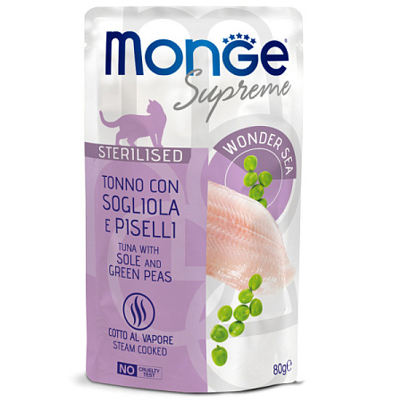 Купить monge supreme sterilized cat влажный корм для стерилизованных кошек с тунцом, желтоперой камбалой и зелёным горошком (пауч)