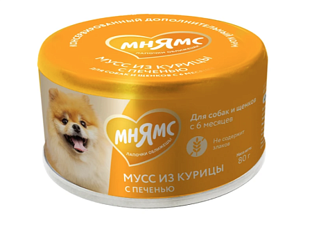 Купить Мнямс консервы для собак и щенков старше 6 месяцев мусс из курицы с печенью 