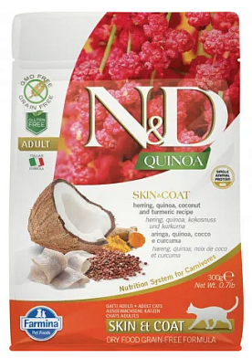 Farmina N&D Quinoa Cat Grain Free Skin & Coat Herring сухой беззерновой корм для взрослых кошек для кожи и шерсти с сельдью и киноа