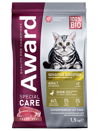Купить award special care sensitive digestion сухой корм для взрослых кошек с чувствительным пищеварением со свежим мясом утки