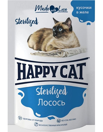 Купить happy cat влажный корм для стерилизованных кошек, лосось кусочки в желе (пауч)