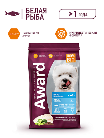 Купить award hypo сухой корм для взрослых собак всех пород с белой рыбой с добавлением брокколи, сельдерея и семян льна