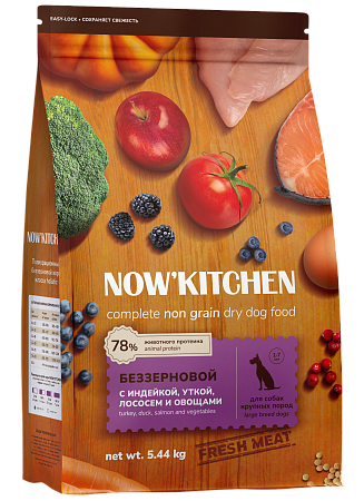 Купить now’ kitchen fresh grain-free large adult Беззерновой сухой корм для взрослых собак крупных пород со свежей индейкой, уткой, лососем