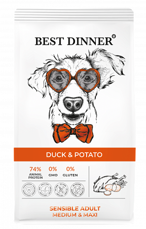 Купить best dinner сухой корм для взрослых собак средних и крупных пород склонных к аллергии и проблемам с пищеварением с уткой и картофелем