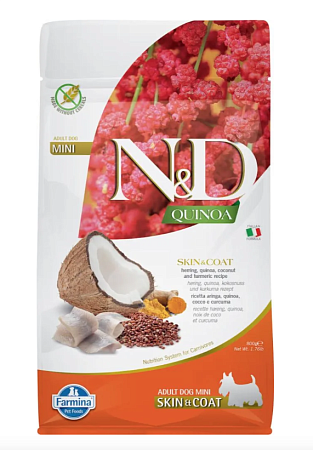 Купить farmina n&d dog gf quinoa skin&coat herring mini сухой корм для взрослых собак мелких пород для ухода за кожей и шерстью, с сельдью