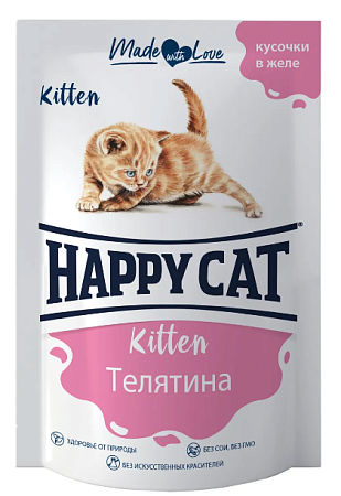 Купить happy cat влажный корм для котят телятина кусочки в желе (пауч)