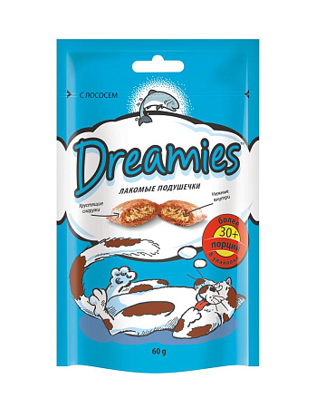 Купить dreamies лакомые подушечки с лососем для кошек